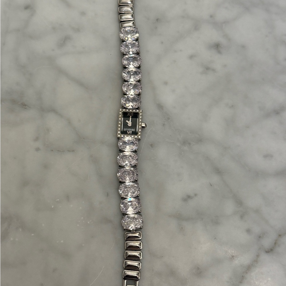 Silver-Tone Black Dial Crystal Tennis Watch Bracelet